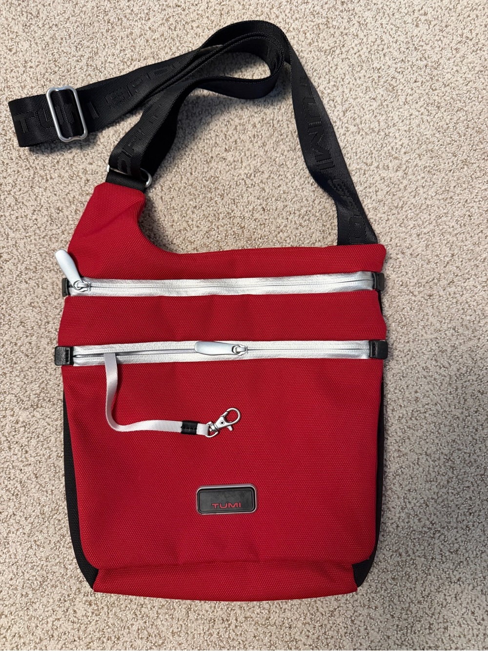 Tumi Red Crossbody Messenger Bag with Silver Zippers